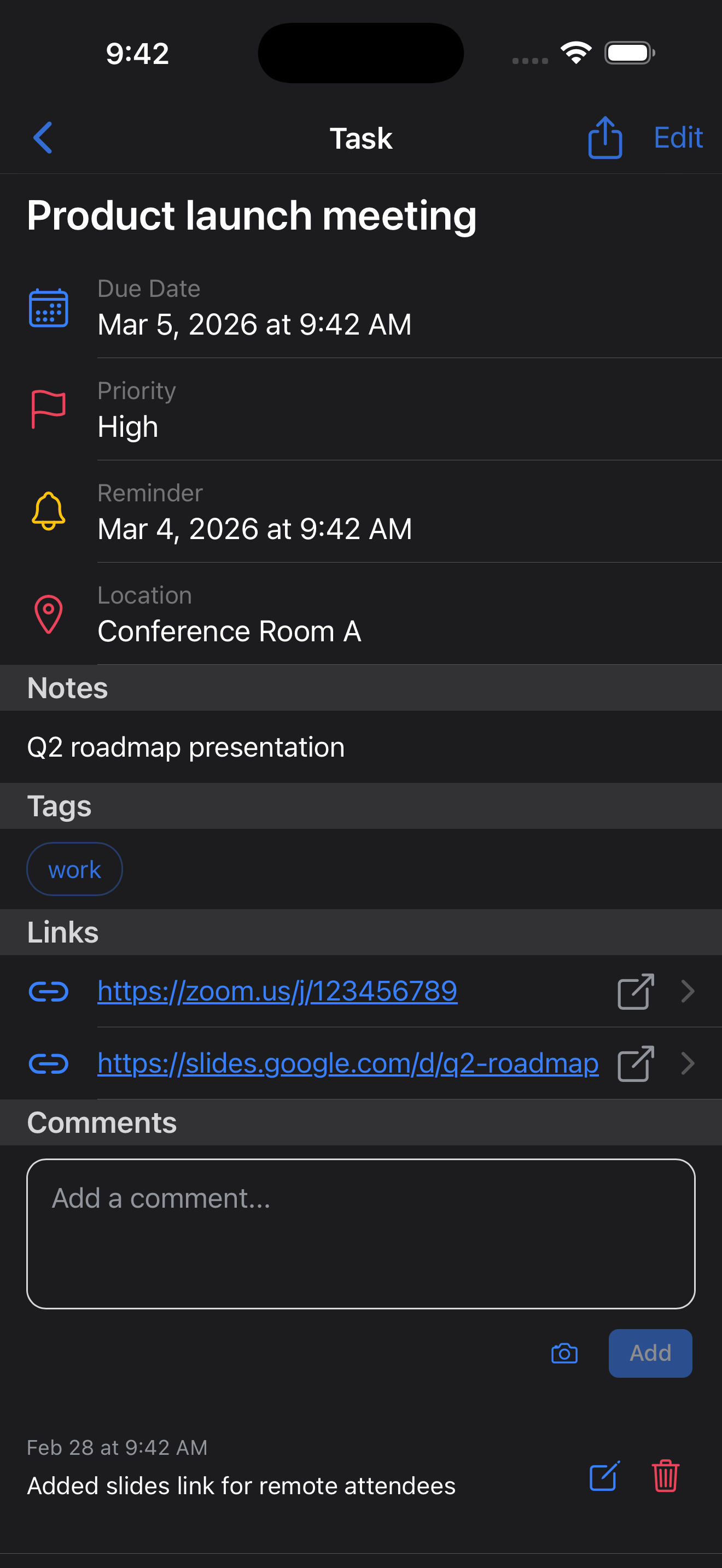 Dash task detail view in dark mode