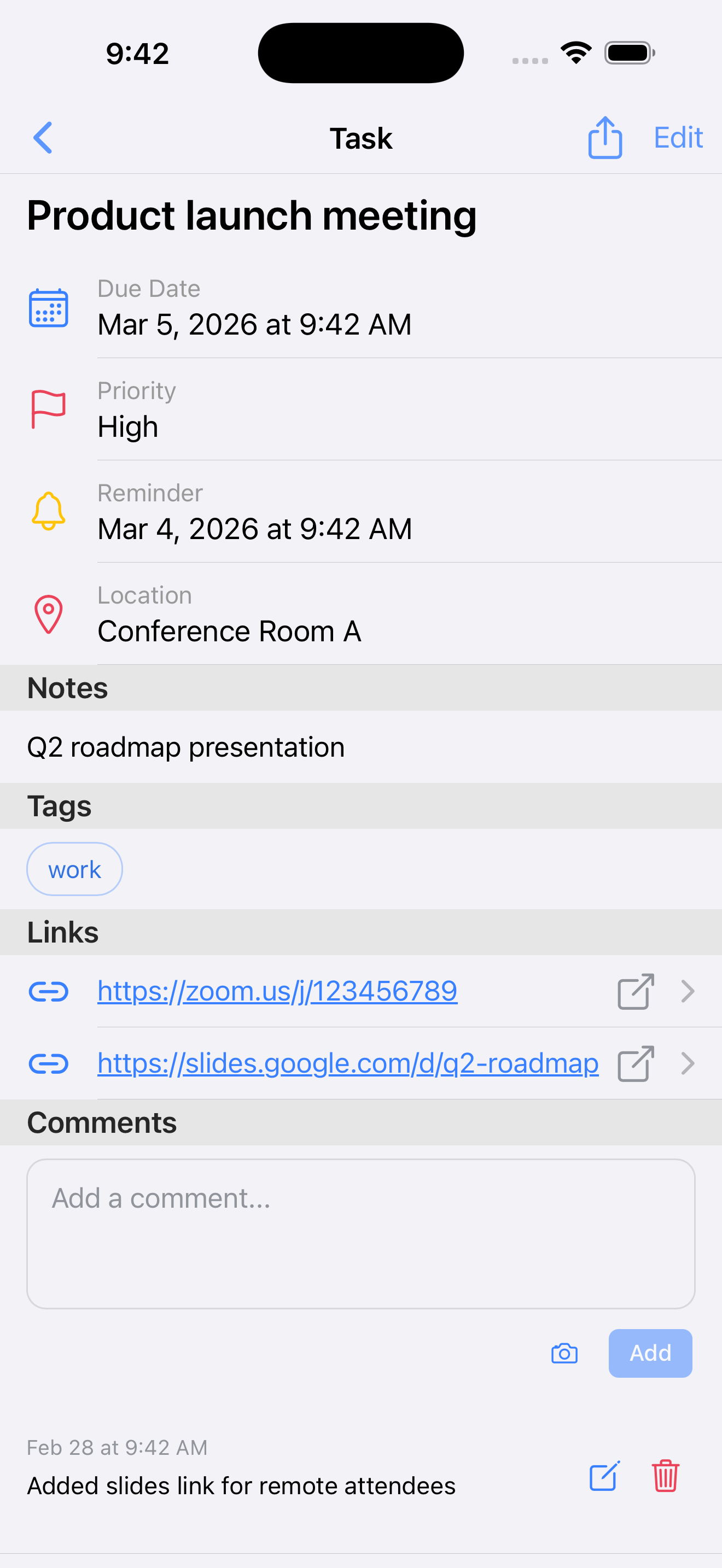 Dash task detail view in light mode